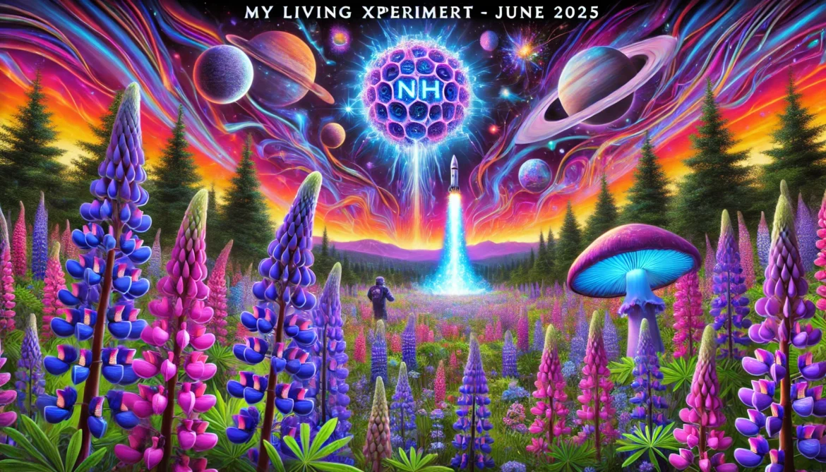 DALL·E 2025-05-31 16.56.49 – A wide-format psychedelic and cosmic summer scene titled ‘MY LIVING XPERIMENT – JUNE 2025’. The foreground features blooming lupine flowers in vibrant