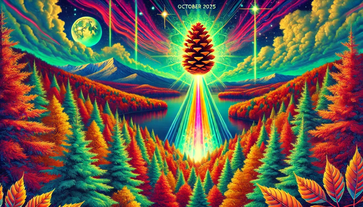 DALL·E 2025-10-01 07.44.12 – A surreal and vibrant illustration of a mystical pine cone launching like a rocket from a glowing forest in New England during peak autumn. The forest