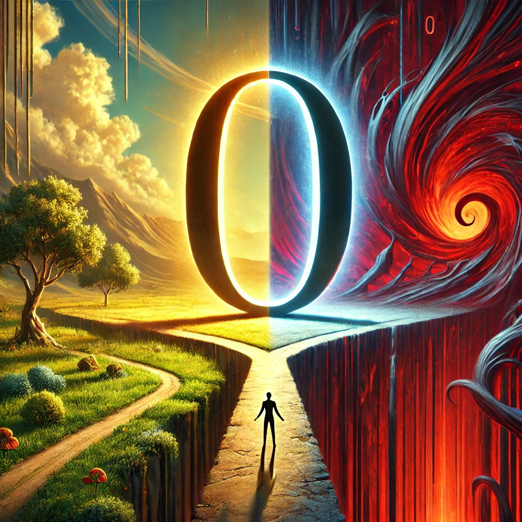 DALL·E 2025-10-28 08.33.35 – A symbolic and surreal illustration representing the concept of zero ‘forking toward abundance or abyss.’ In the center, a large glowing zero stands a